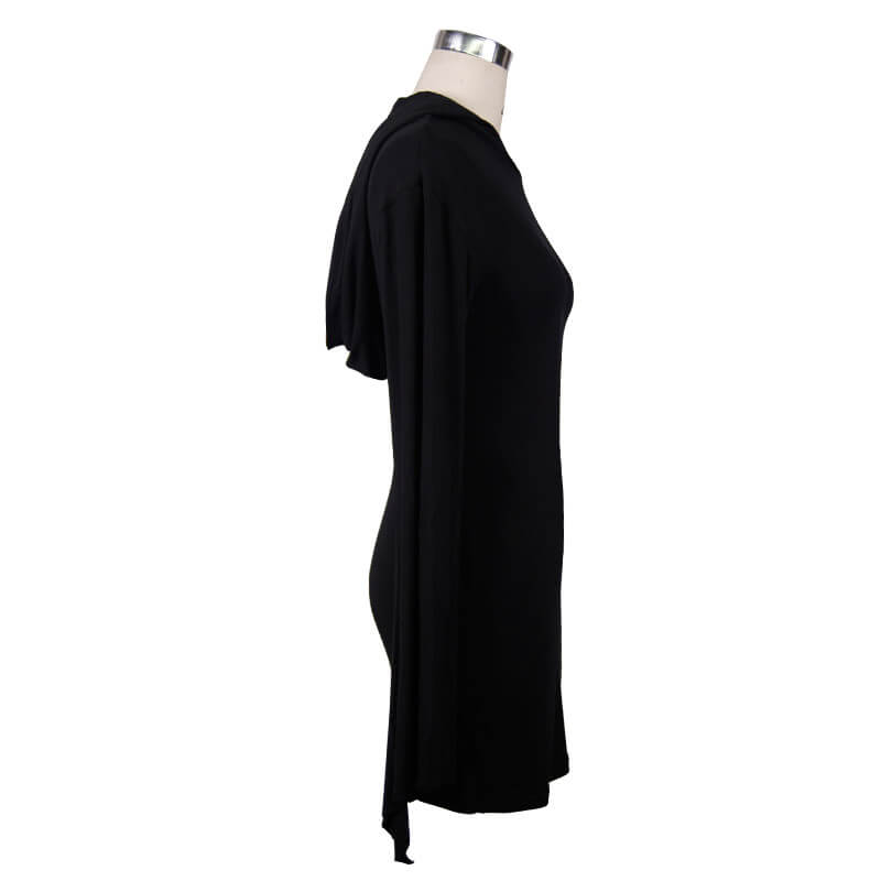 Side view of a stylish black hooded mini dress with flared sleeves, perfect for gothic alternative fashion.