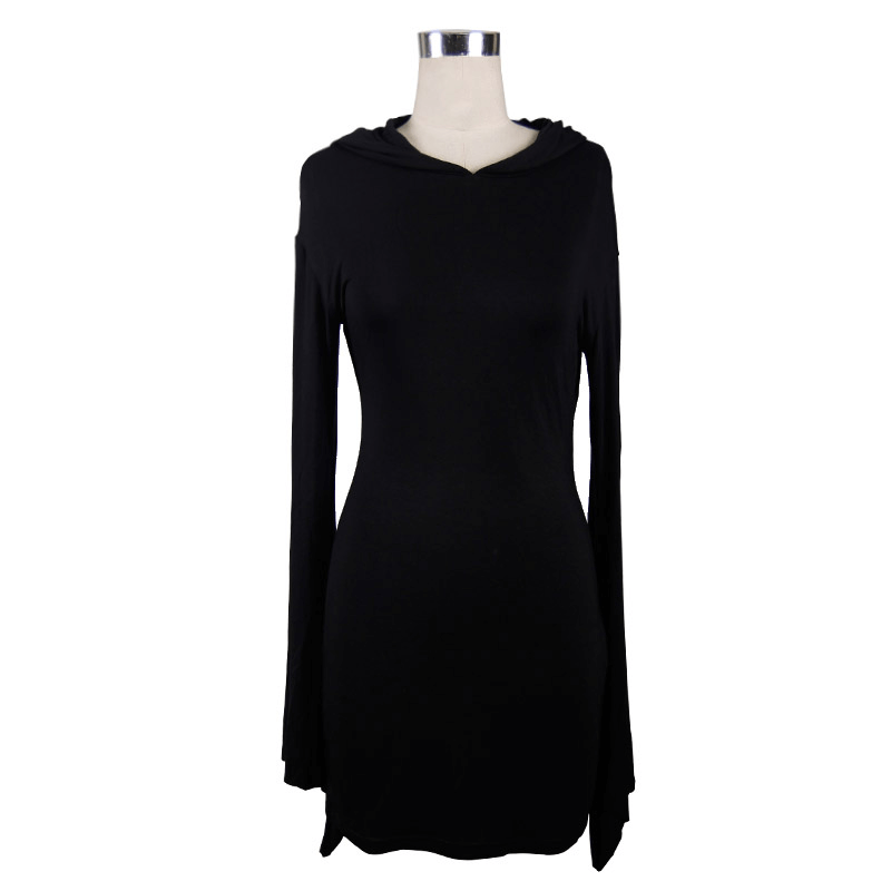Black hooded mini dress with flared sleeves, perfect for gothic and alternative fashion enthusiasts.