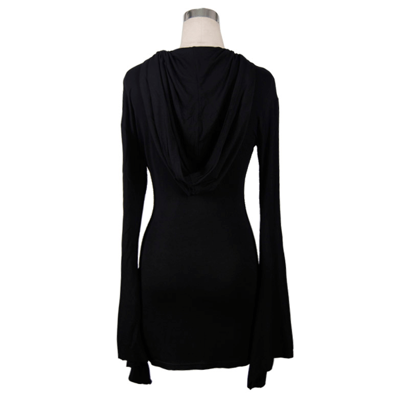 Back view of a women's hooded black mini dress with flared sleeves, showcasing gothic modern style and comfort.