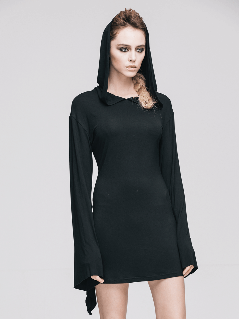 Hooded black mini dress with flared sleeves, perfect for gothic alternative fashion lovers.