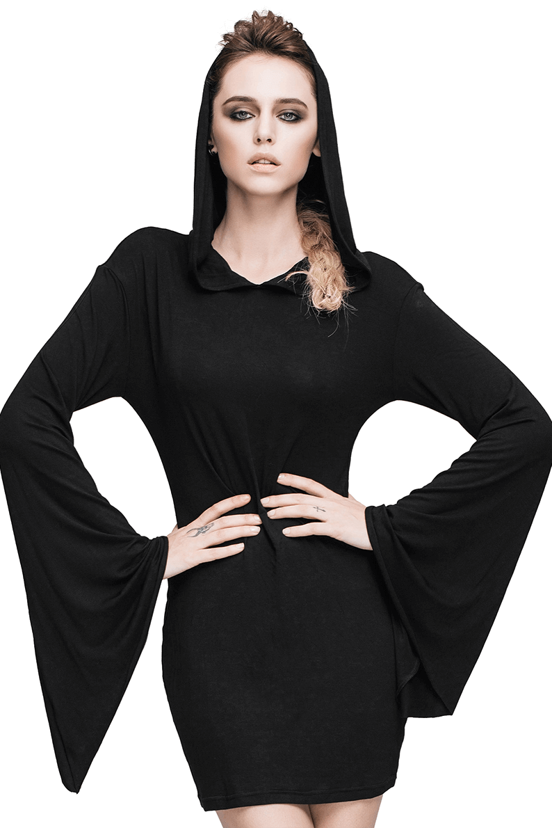 Gothic black mini dress with hood and flared sleeves, perfect for alternative fashion lovers.