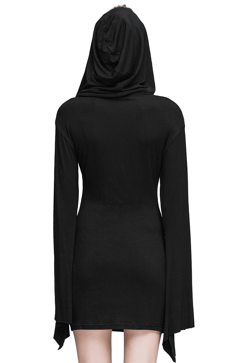Back view of a women's black hooded mini dress with flared sleeves in a gothic style.
