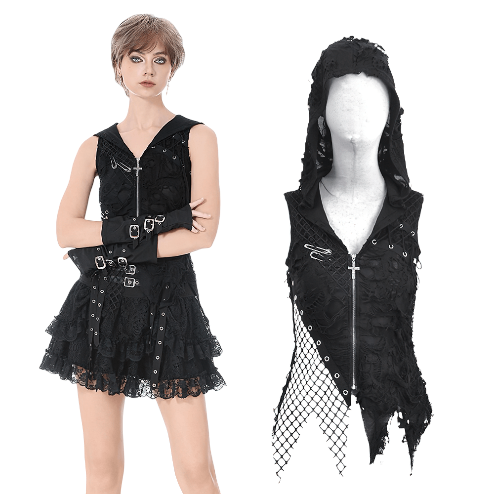 Hooded Lace Top with Fishnet Panels and Front Zipper showcasing edgy design and punk details.