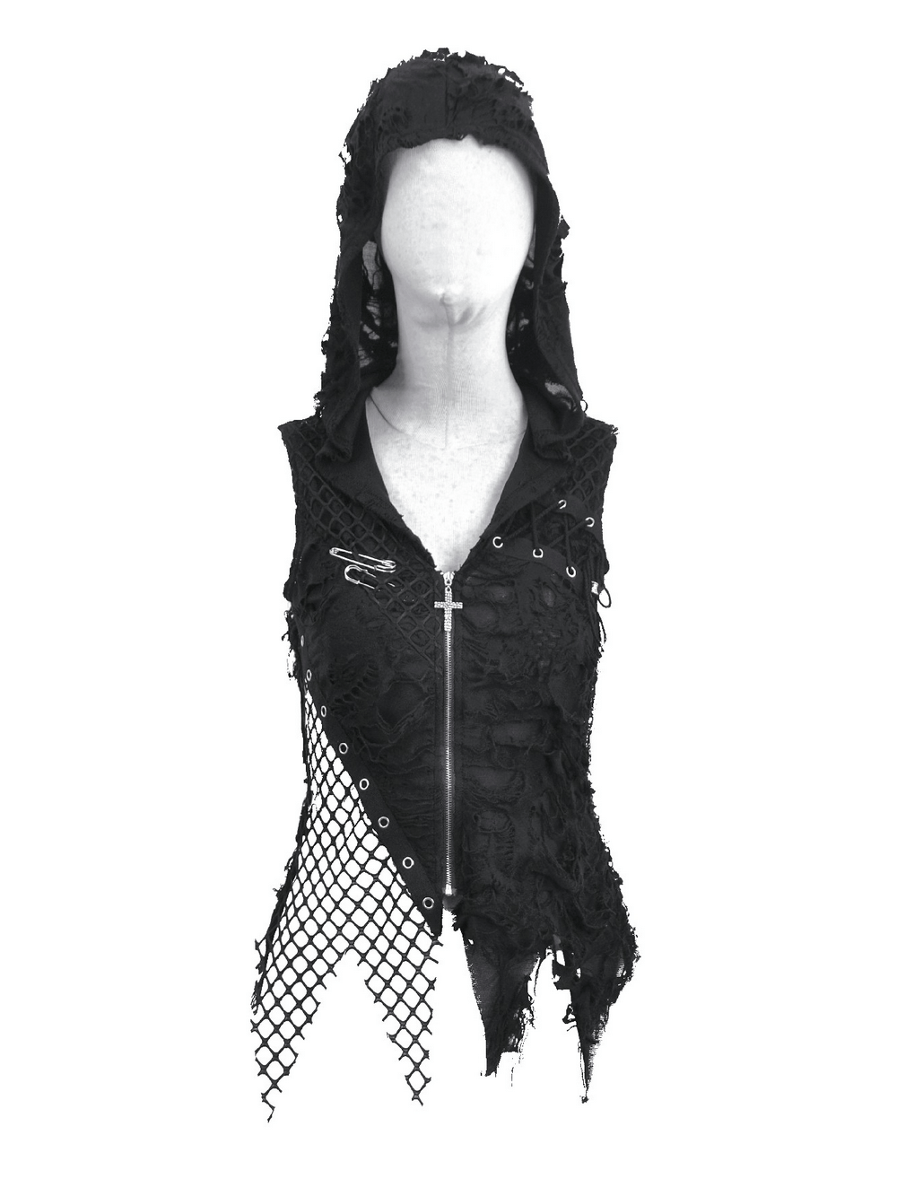 Hooded Lace Top with Fishnet Panels and Front Zipper showcasing grunge style, lace texture, and edgy safety pins.