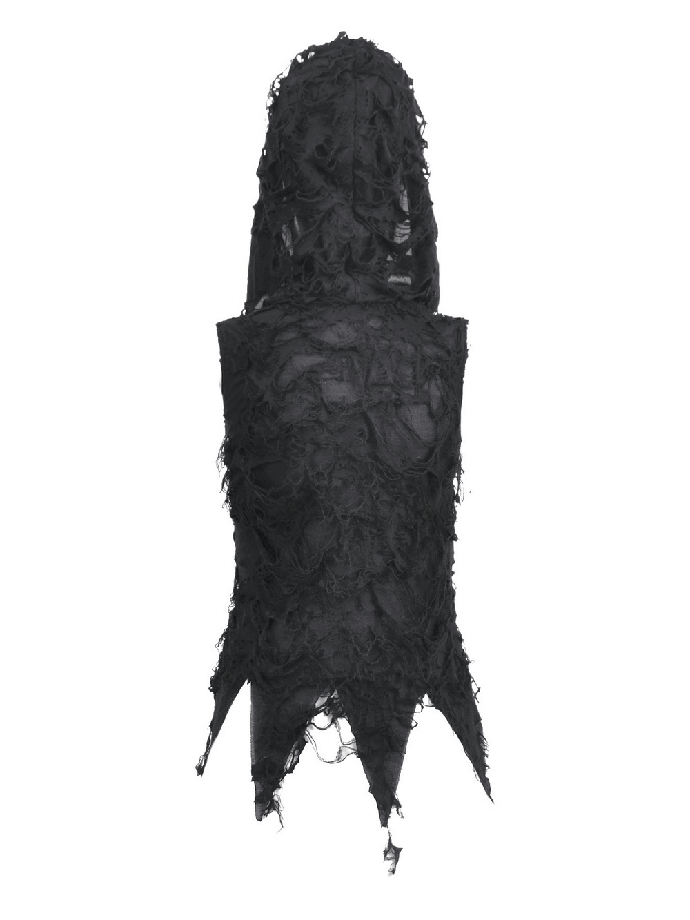 Hooded Lace Top with Fishnet Panels and Front Zipper showcasing a distressed black lace texture and edgy asymmetrical hem.