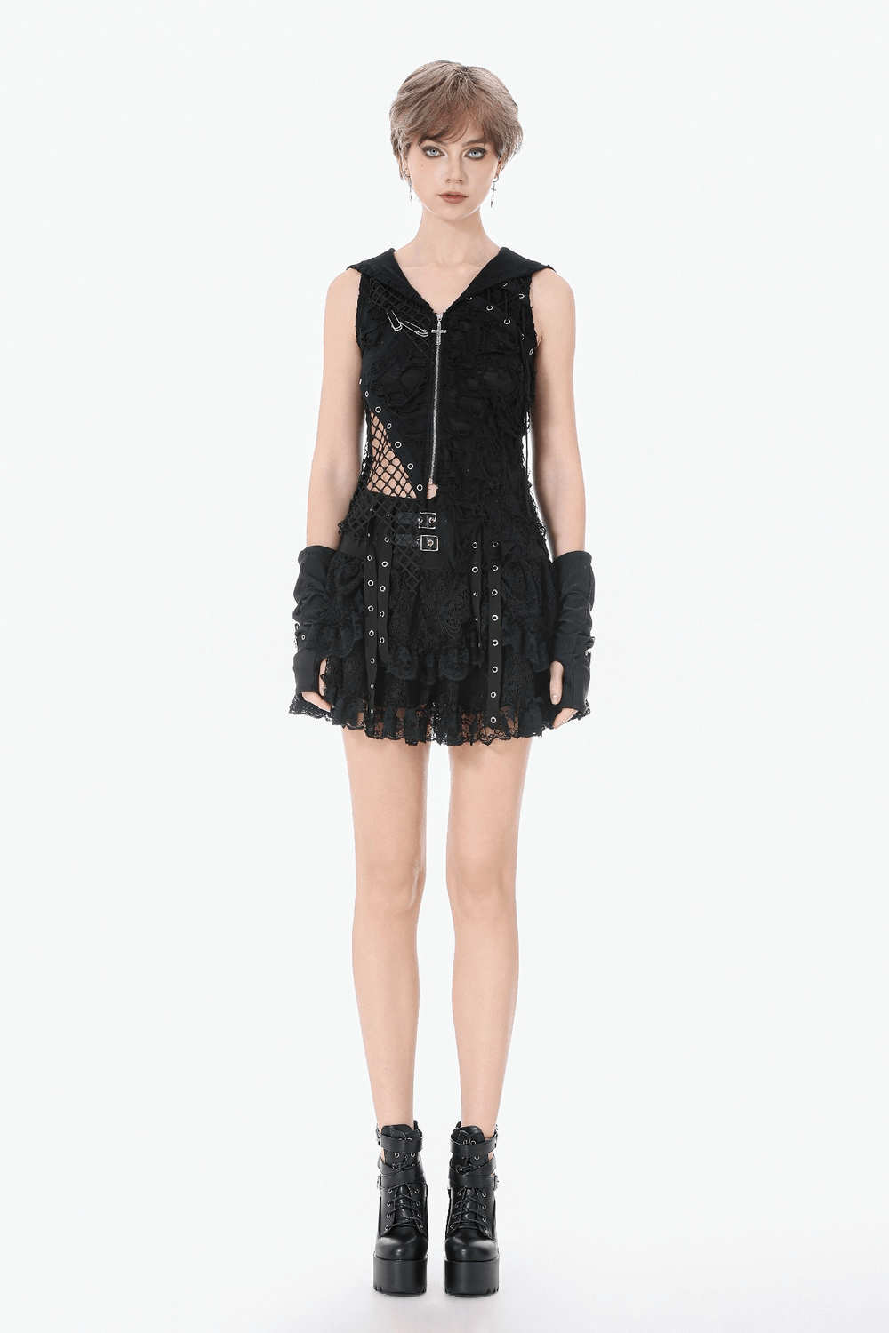 Hooded Lace Top with Fishnet Panels and Front Zipper worn by model, showcasing the edgy design and gothic style.