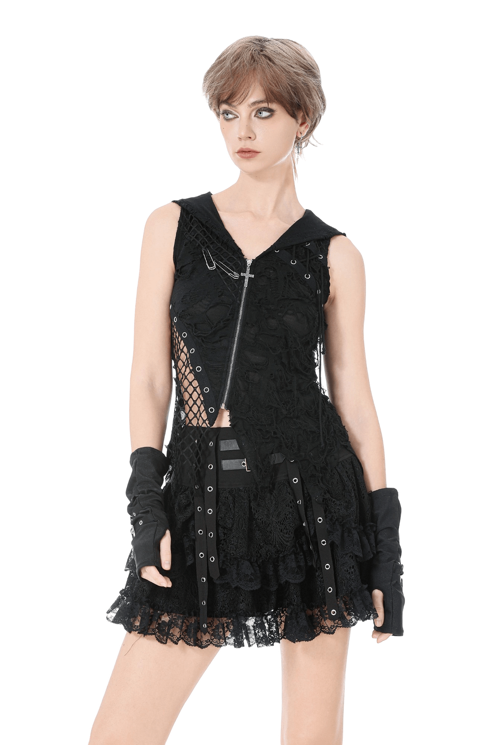 Hooded Lace Top with Fishnet Panels and Front Zipper on model showcasing edgy gothic style and punk attitude.