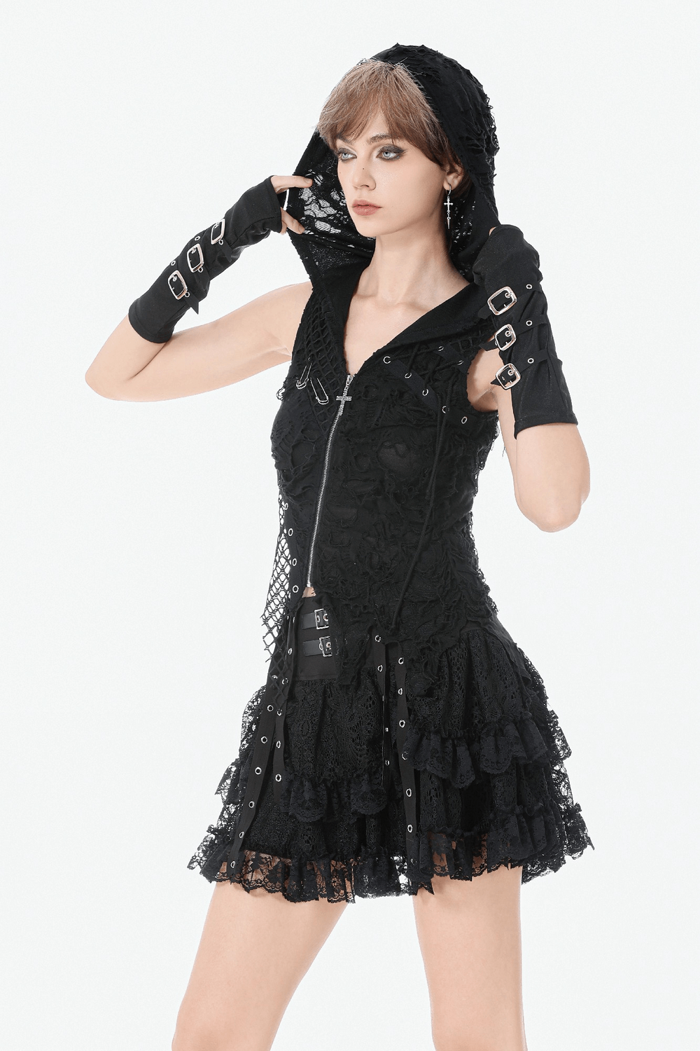 Hooded Lace Top with Fishnet Panels and Front Zipper worn by model, showcasing gothic style and punk details.