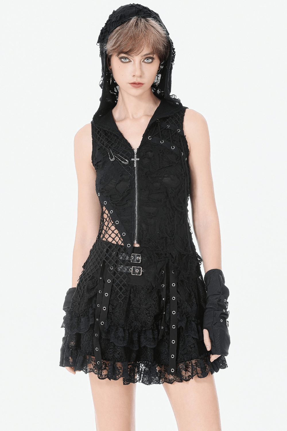 Hooded Lace Top with Fishnet Panels and Front Zipper on a model, showcasing grunge style and edgy design.