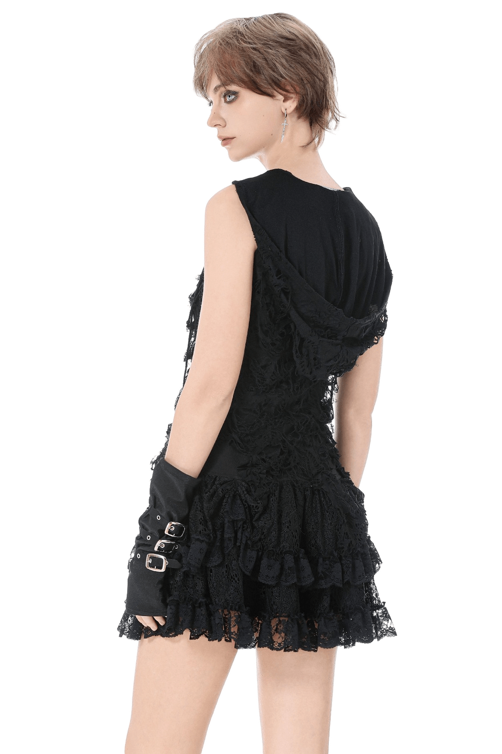 Hooded Lace Top with Fishnet Panels and Front Zipper showcased on a model from the back, featuring a distressed design.