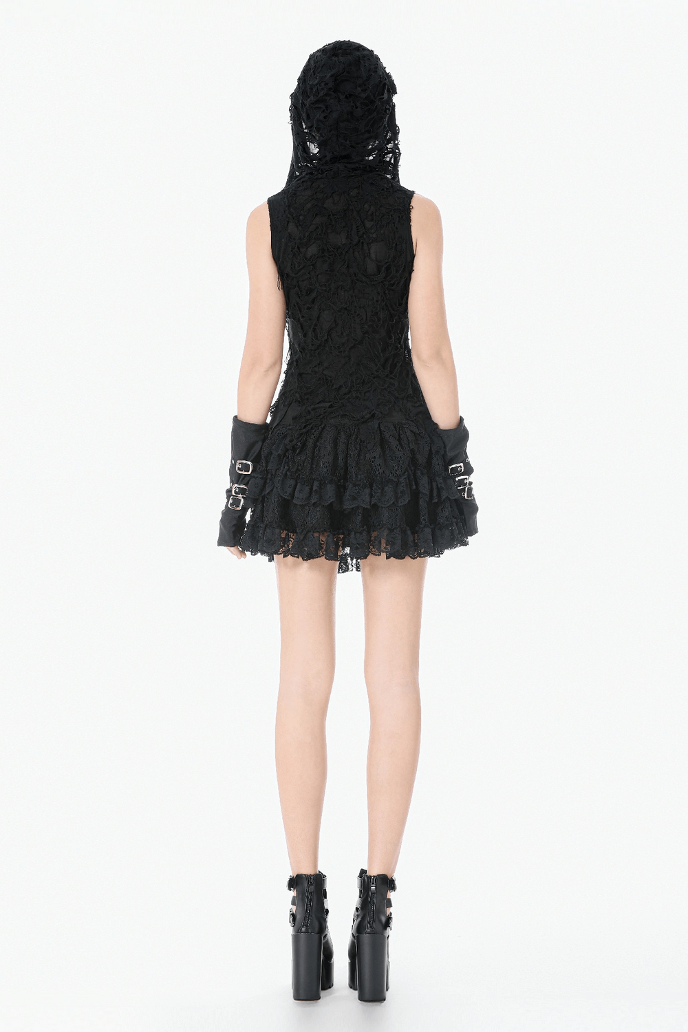 Hooded Lace Top with Fishnet Panels and Front Zipper - Grunge sleeveless hoodie with lace texture and asymmetrical hem.