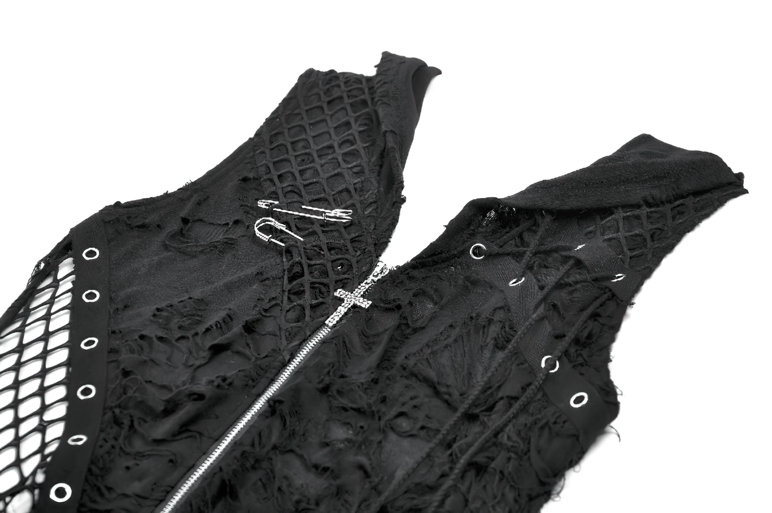 Hooded Lace Top with Fishnet Panels and Front Zipper showcasing distressed lace, fishnet, and edgy safety pins.