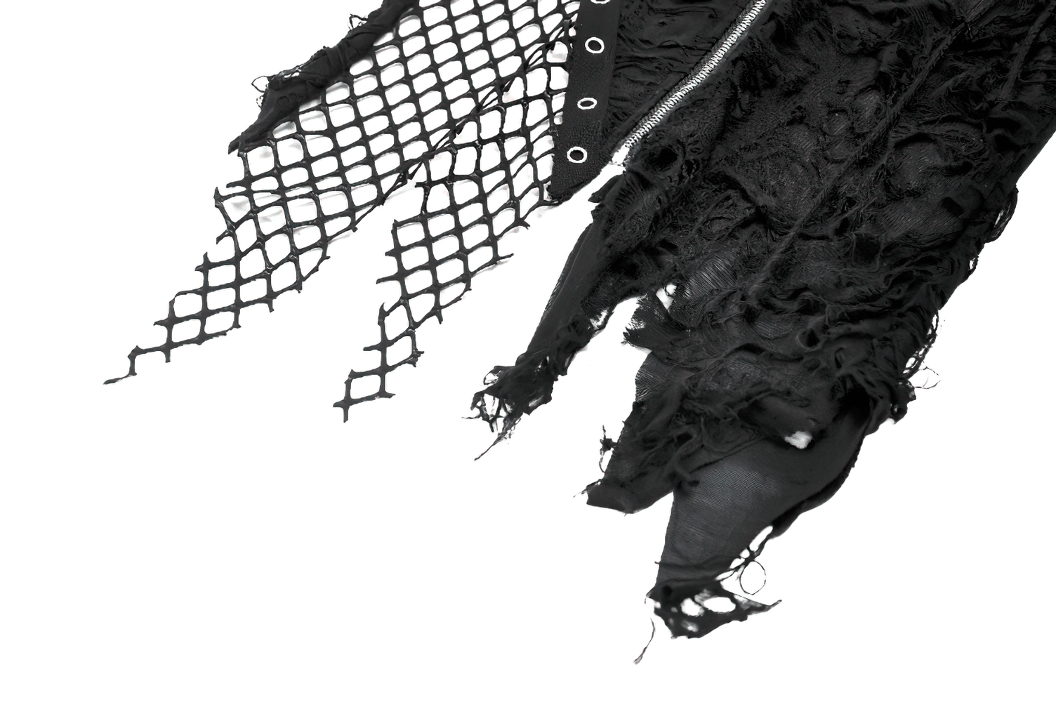 Close-up of Hooded Lace Top with Fishnet Panels and Front Zipper showing distressed lace and fishnet textures.