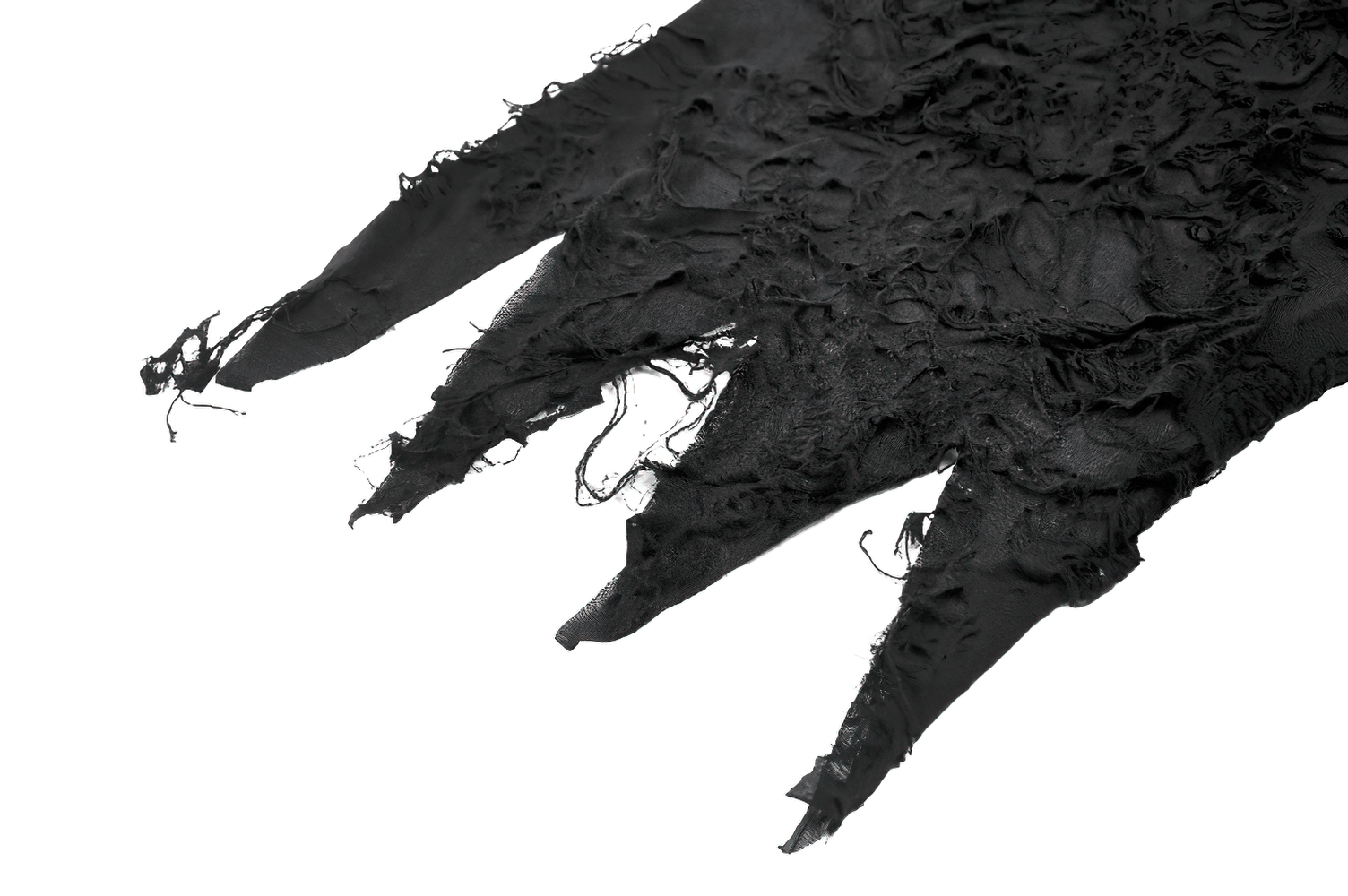 Hooded Lace Top with Fishnet Panels and Front Zipper showing distressed lace texture and sharp asymmetrical hem.