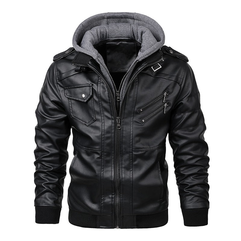 Men's hooded leather motorcycle jacket with zipper, stylish in black, perfect for casual wear and outdoor adventures.