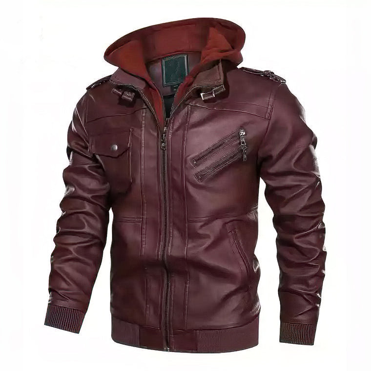 Men's burgundy hooded leather jacket with zipper and rock style design, perfect for casual or motorcycle wear.