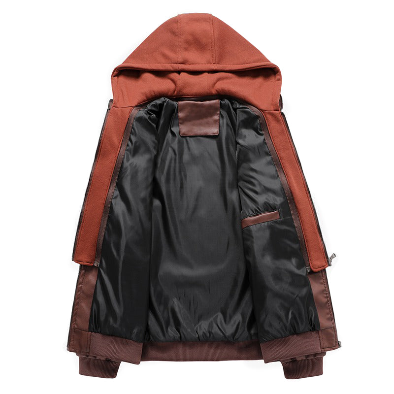 Interior view of a men's hooded leather jacket, showcasing plush lining and unique rock style, perfect for casual wear or motorcycle rides.