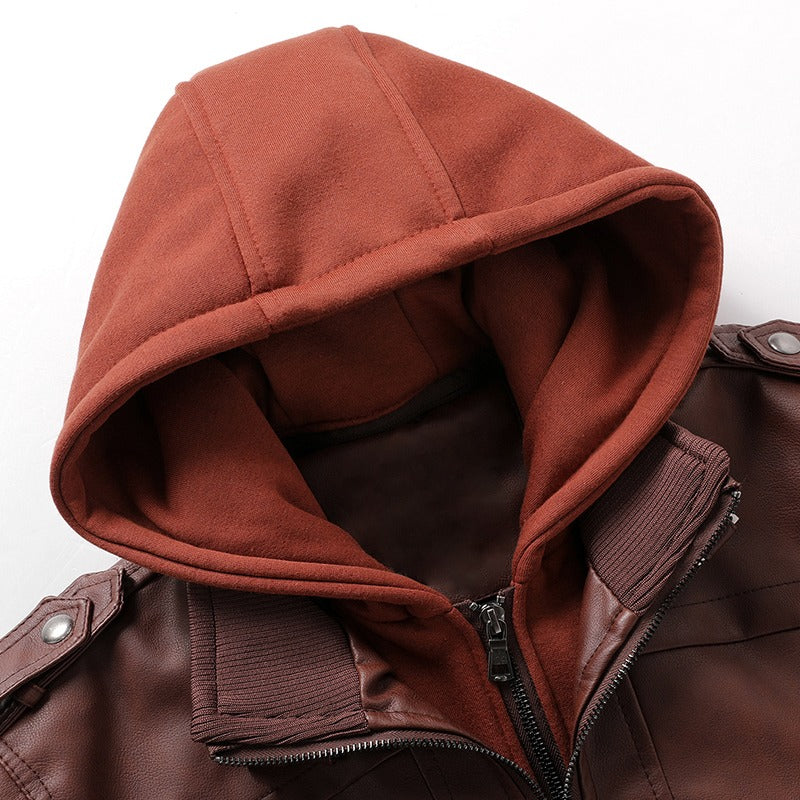 Close-up of a men's hooded leather jacket with a maroon plush hood and stylish zipper detailing.
