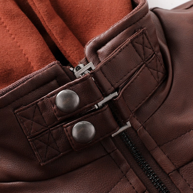 Detail of a brown hooded leather jacket showing zipper and snap closures for a stylish motorcycle look.