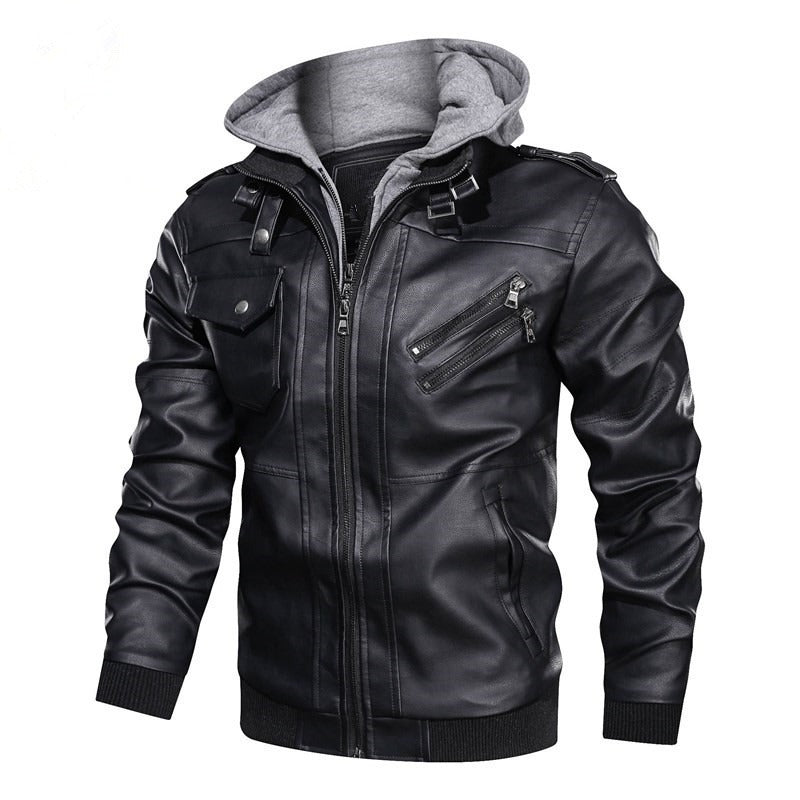 Men's hooded leather motorcycle jacket with stylish zippers and a cozy gray hood, perfect for casual wear.