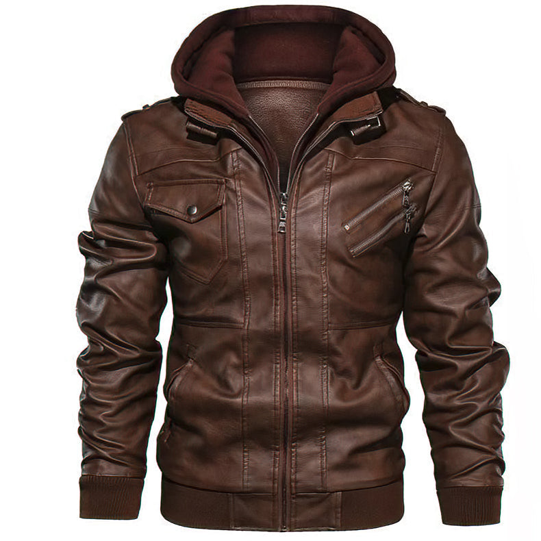 Men's hooded leather jacket in brown with zipper, casual style, perfect for motorcycle rides and cool weather.