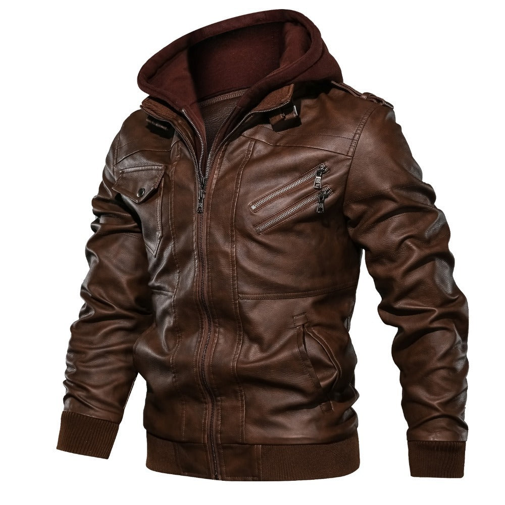 Men's hooded leather jacket with brown faux leather, stylish design and cozy plush insulation, perfect for casual and motorcycle wear.