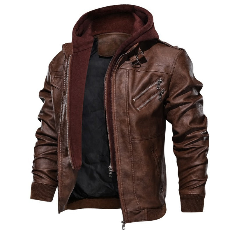 Men's brown hooded leather motorcycle jacket with plush lining and stylish zipper details.