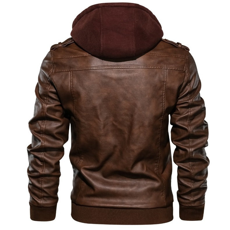 Men's hooded leather jacket showcasing the back view in brown, perfect for casual outings and motorcycle rides.