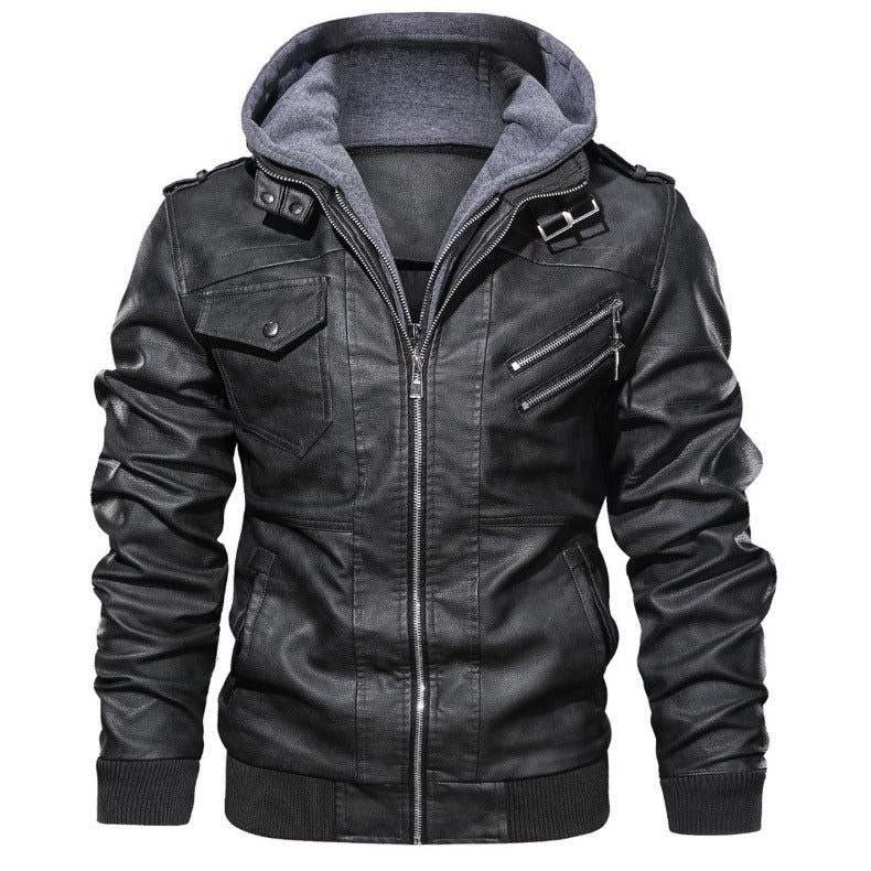 Men's casual hooded leather jacket in black with zippered pockets and rock style.