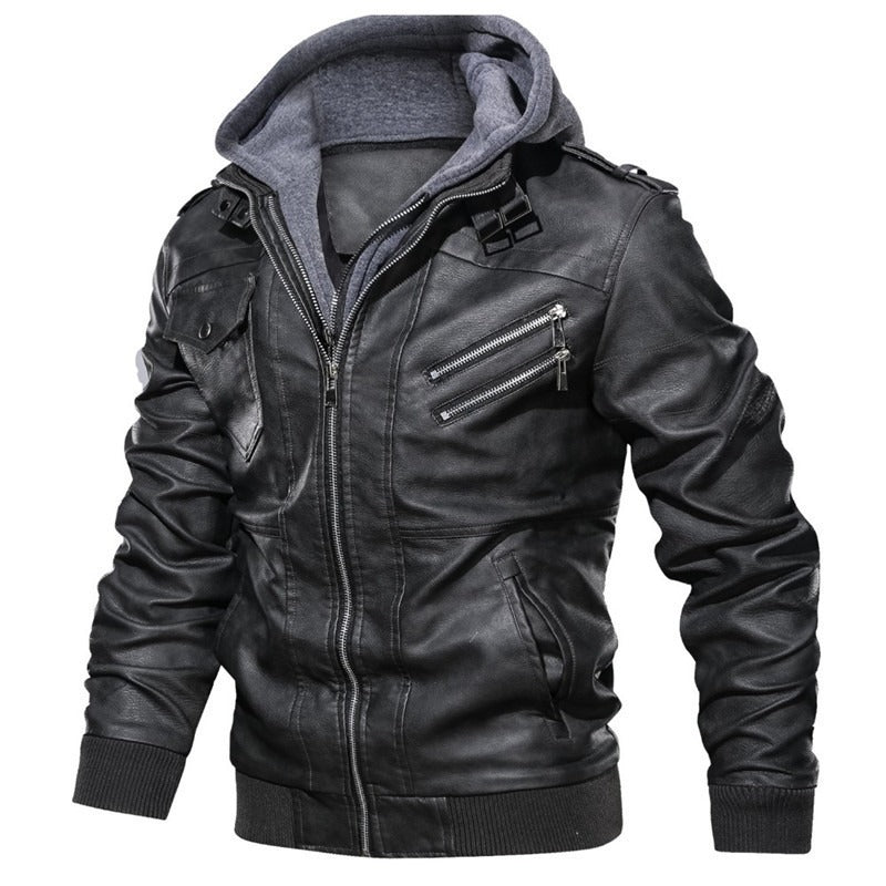 Men's hooded leather motorcycle jacket in black with plush lining and stylish zippers, perfect for casual wear.