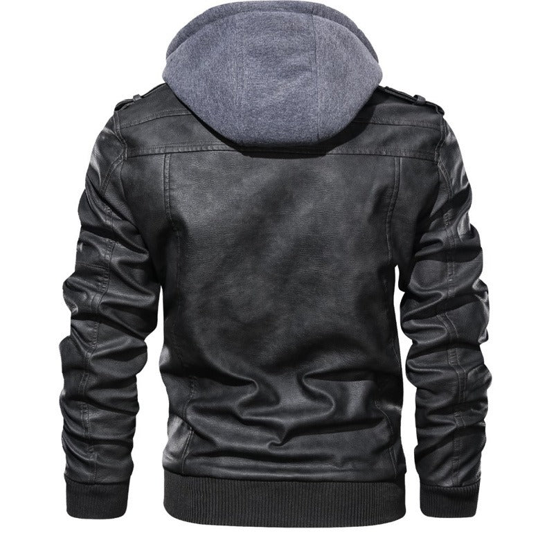 Back view of men's casual hooded leather jacket with grey hoodie and unique rock style.