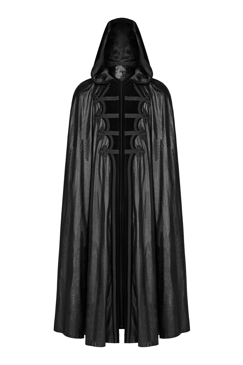 Hooded longline black cloak for cosplay and themed events, featuring a luxurious design and Gothic retro charm.