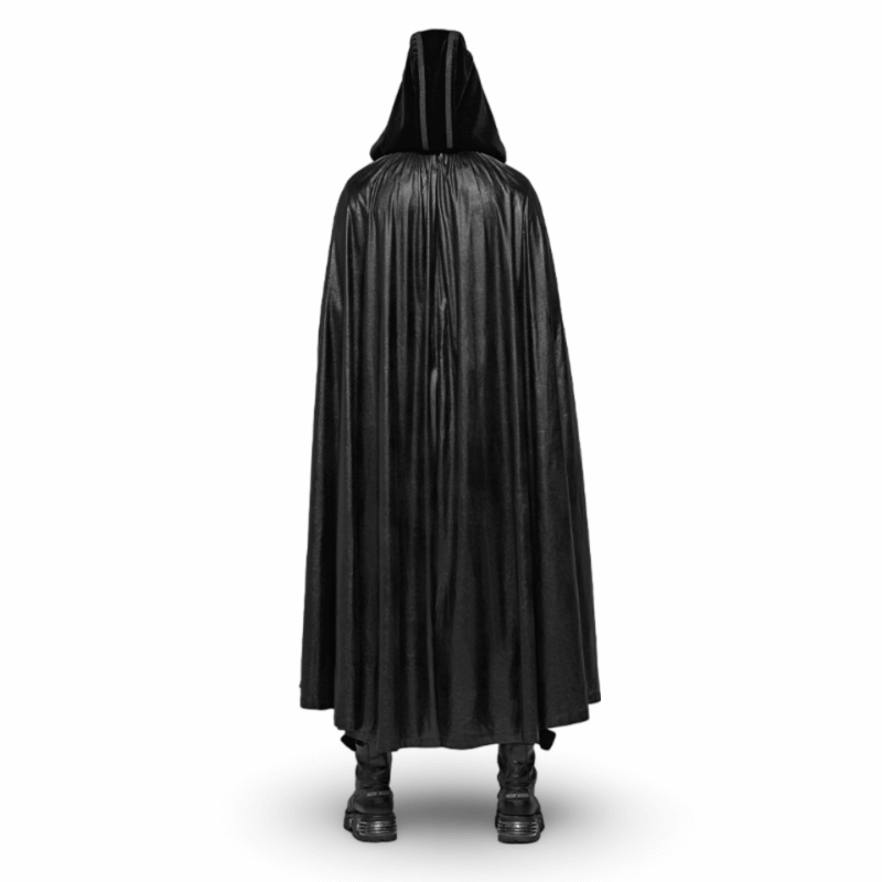 Back view of a hooded longline black cloak, perfect for cosplay and themed events, exuding gothic elegance.