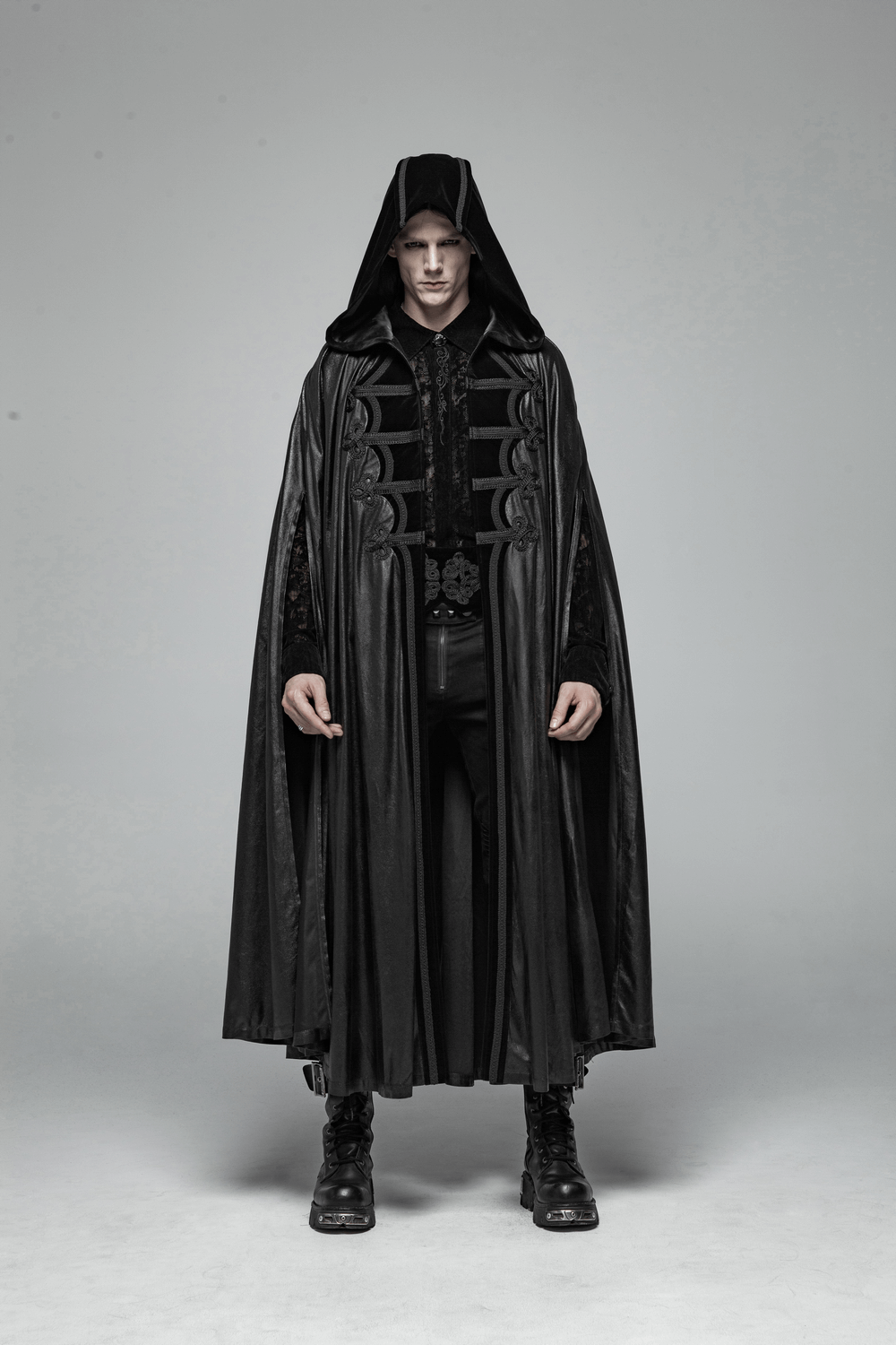 Full-length hooded black cloak worn by a model, perfect for cosplay and themed events with a gothic aesthetic.