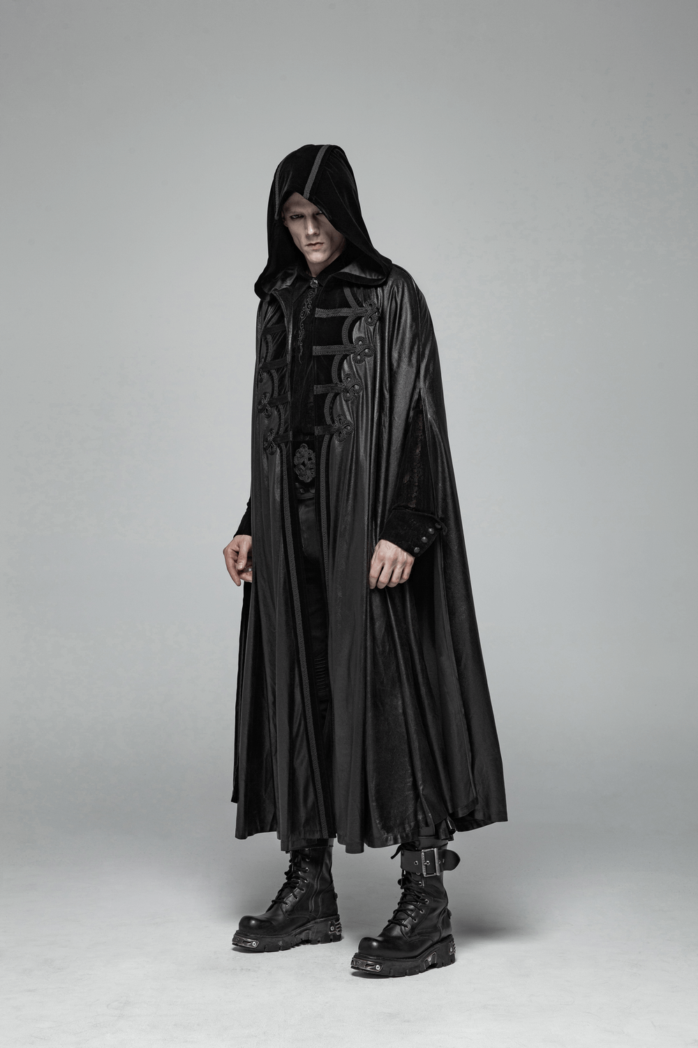 Unisex hooded longline black cloak, perfect for cosplay or themed events, exuding gothic elegance and mystery.