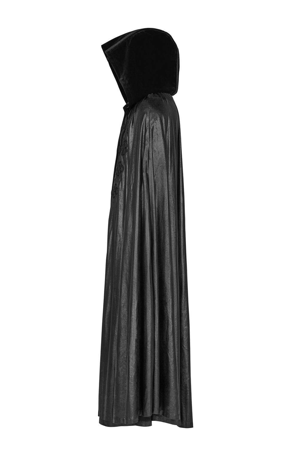 Hooded longline black cloak, perfect for cosplay and themed events, featuring a stylish, luxurious design.