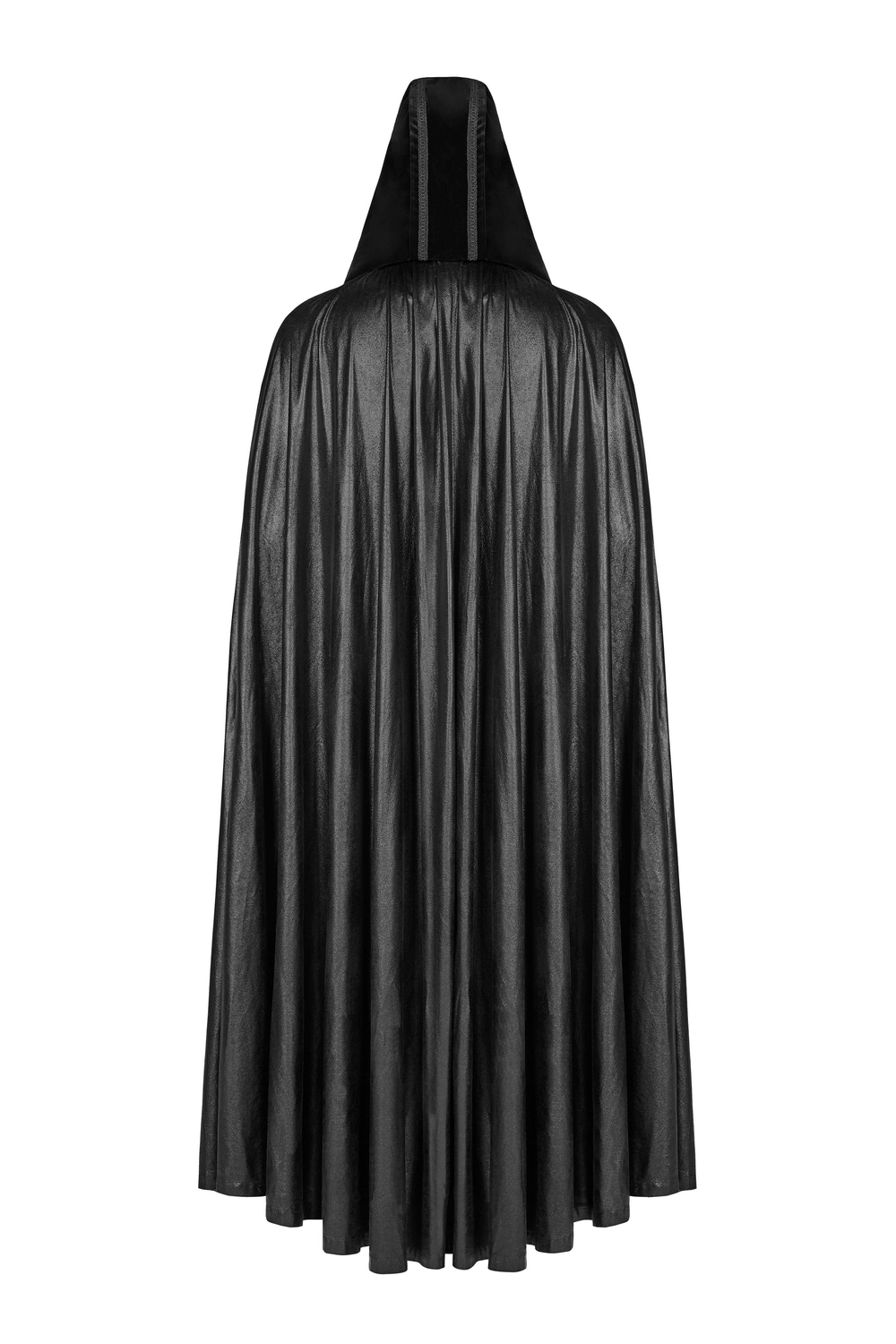 Back view of a black hooded longline cloak, perfect for cosplay and themed events, showcasing elegant fabric draping.