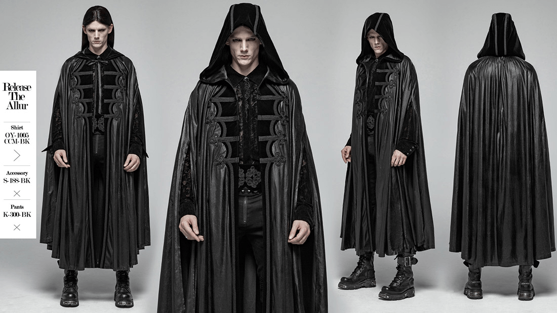 Unisex black hooded longline cloak perfect for cosplay and themed events, showcasing a dramatic gothic style.