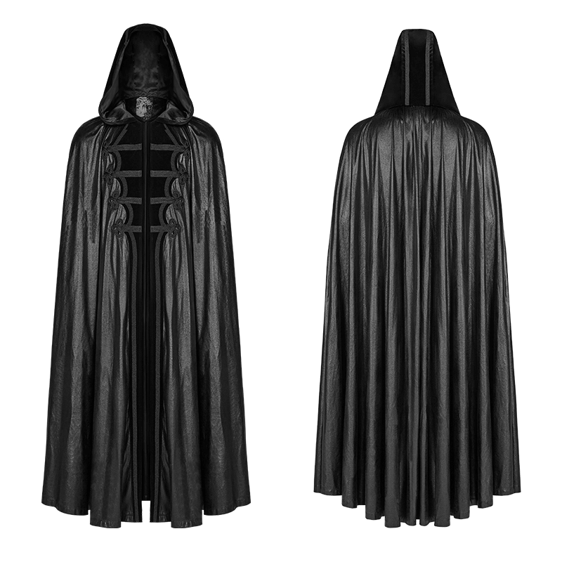 Hooded longline black cloak with elegant detailing, perfect for cosplay and themed events, exuding gothic mystery.