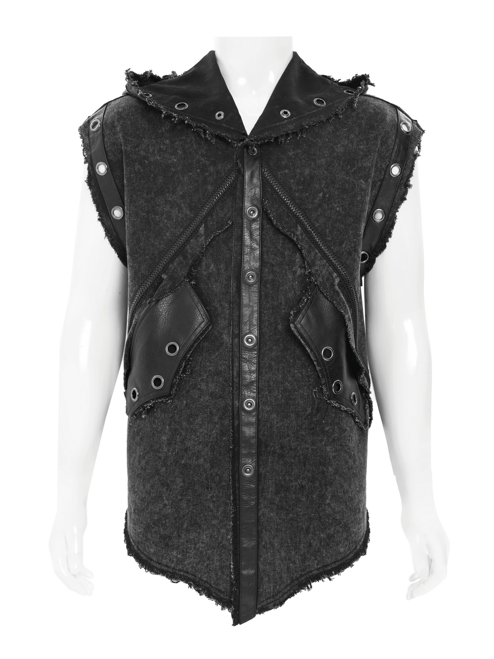 Hooded Punk Denim Vest with Washed Distressed Hem featuring raw edges and snap details for a bold urban style.