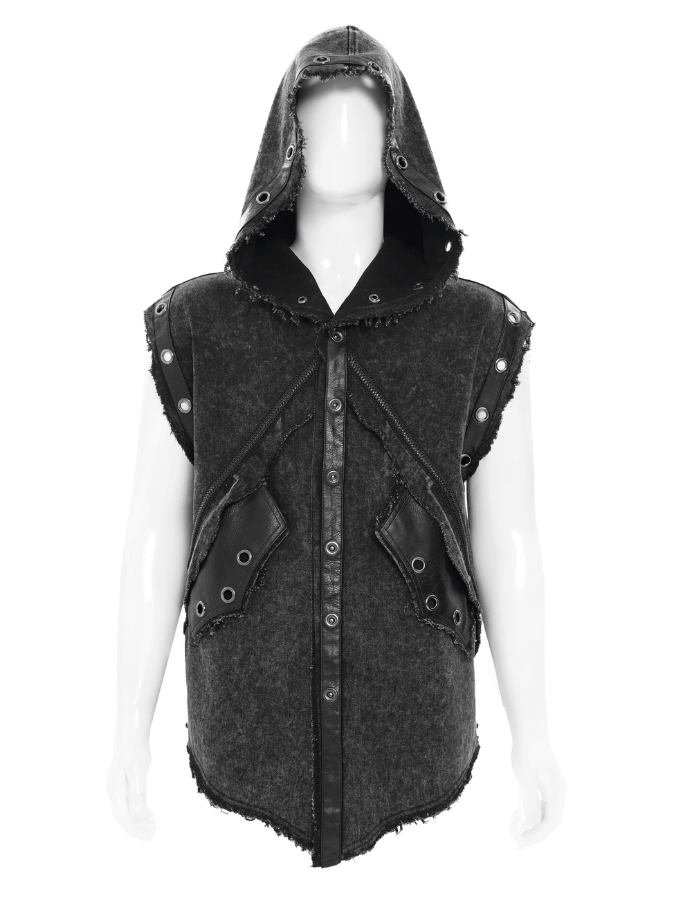 Hooded Punk Denim Vest with Washed Distressed Hem showcasing a sleeveless design and edgy snap details for a bold look.
