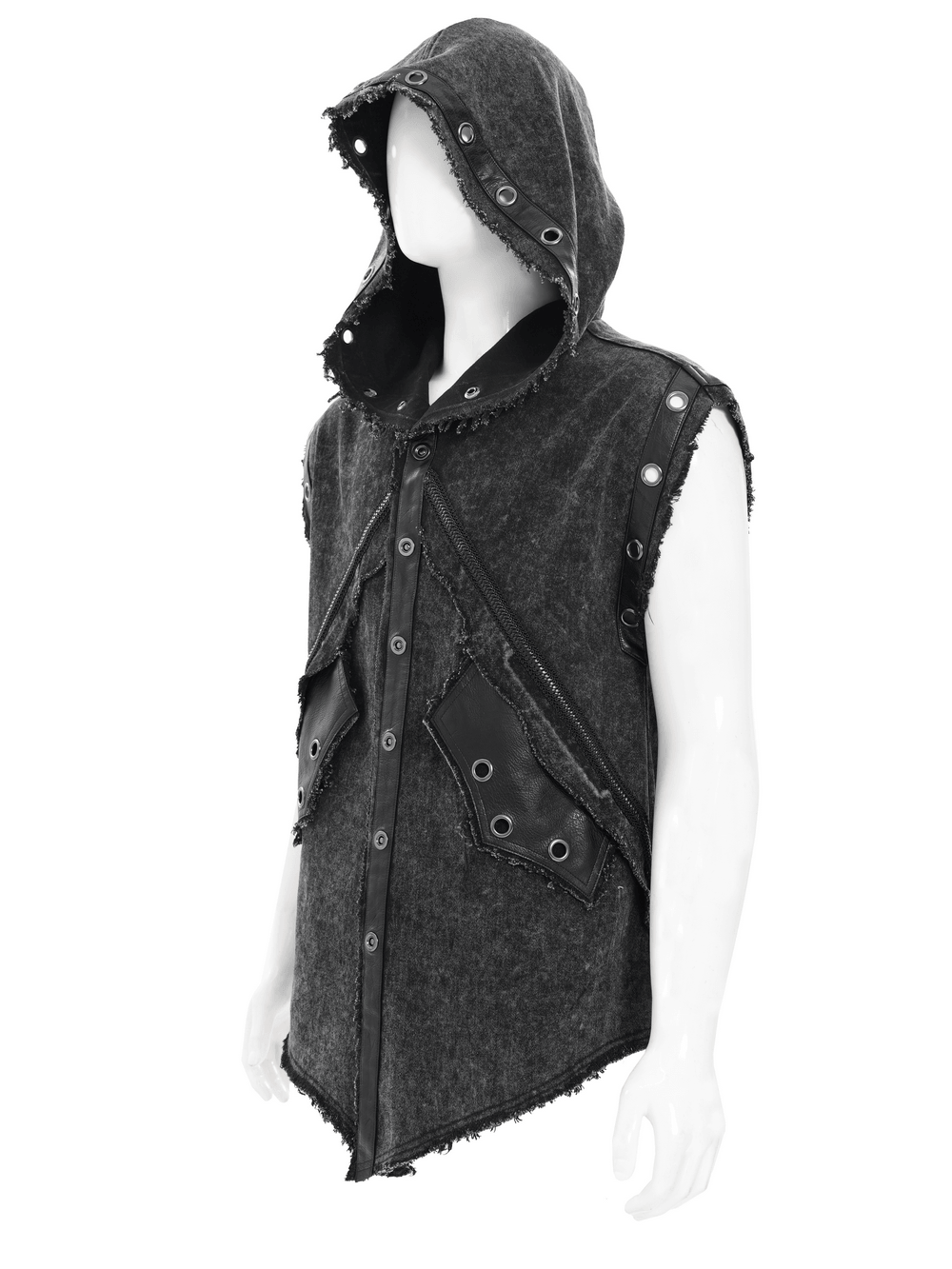 Hooded Punk Denim Vest with Washed Distressed Hem showcased in black sleeveless style with snap accents and raw edges.