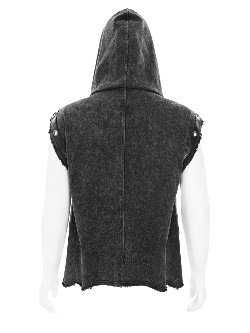 Hooded Punk Denim Vest with Washed Distressed Hem showcasing back view with raw edges and snap details.