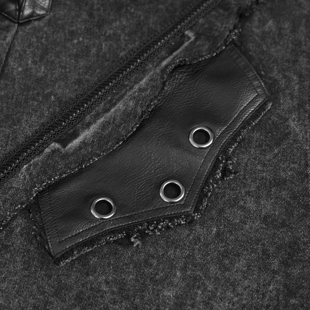 Hooded Punk Denim Vest with Washed Distressed Hem features snap accents and grommet details for a grunge look.