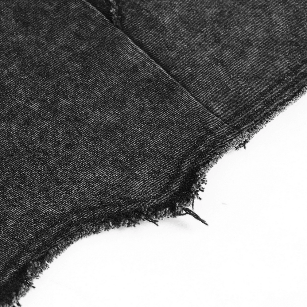 Close-up of the raw hem of the Hooded Punk Denim Vest with Washed Distressed Hem, showcasing its edgy, distressed style.