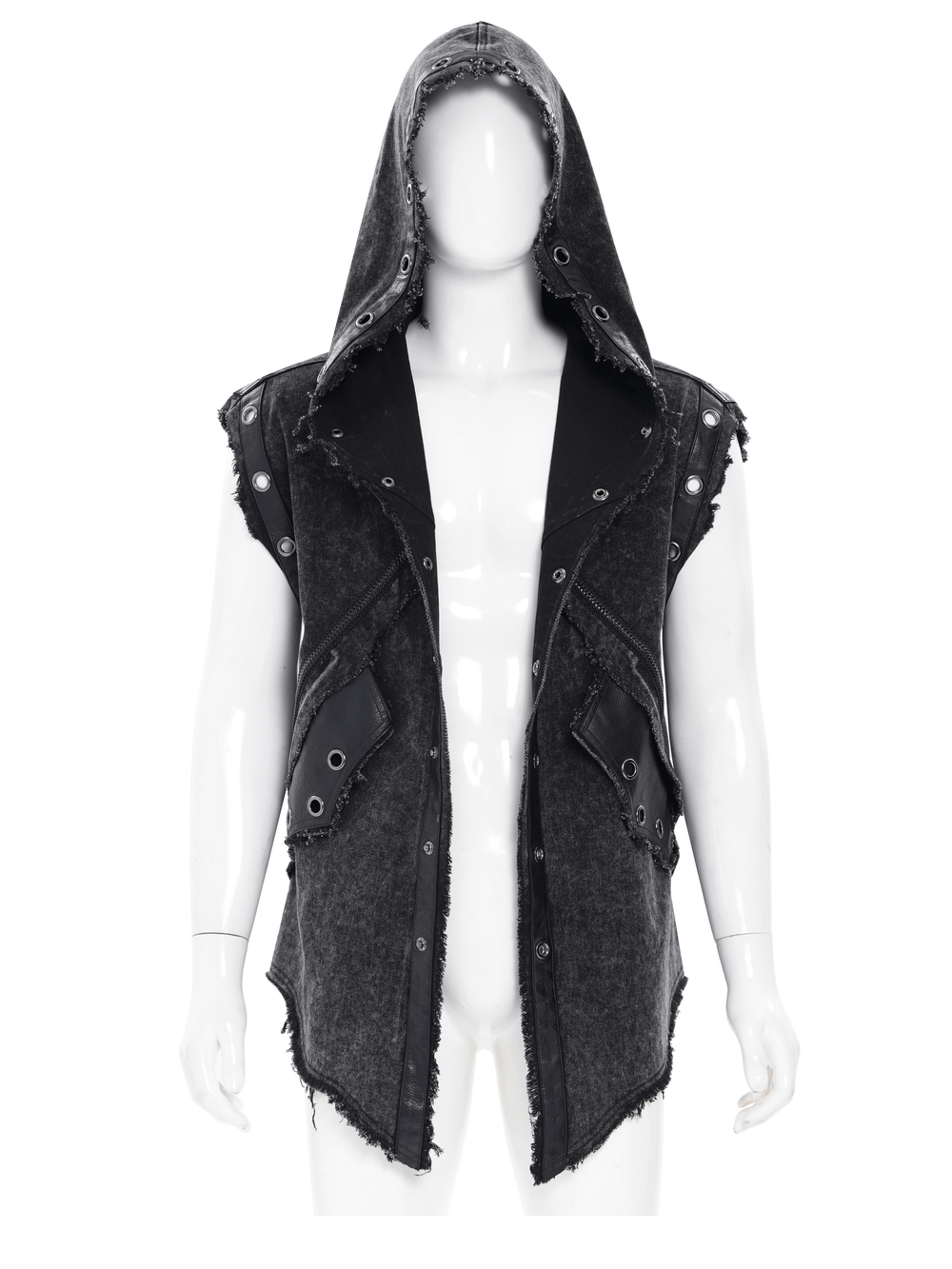 Hooded Punk Denim Vest with Washed Distressed Hem featuring a sleeveless design and snap details, ideal for edgy street style.