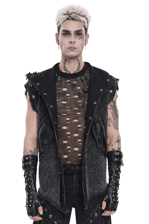 Hooded Punk Denim Vest with Washed Distressed Hem