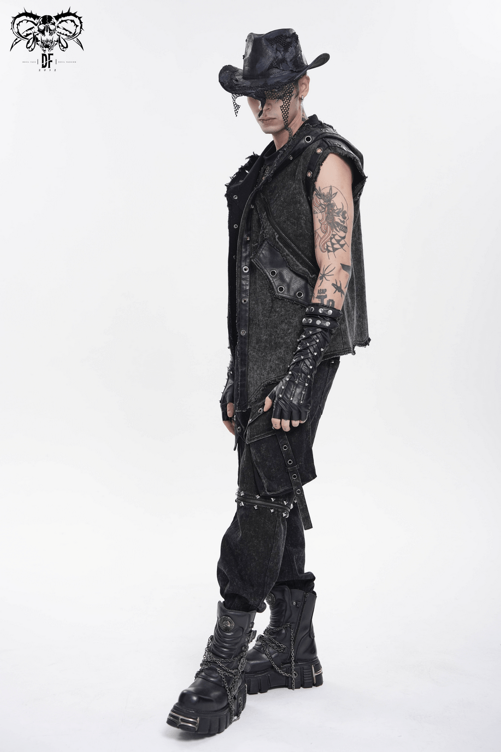 Hooded Punk Denim Vest with Washed Distressed Hem, showcasing a model in a street-style outfit with edgy accessories.