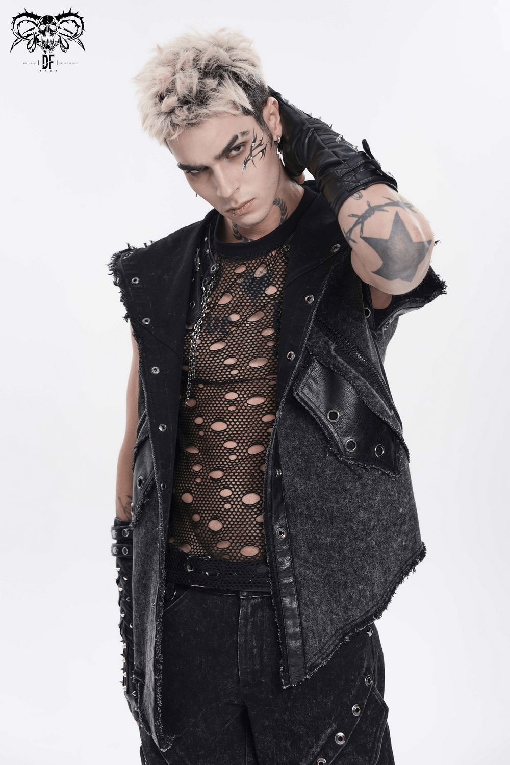 Hooded Punk Denim Vest with Washed Distressed Hem worn by model showcasing edgy urban style and bold grunge attitude.