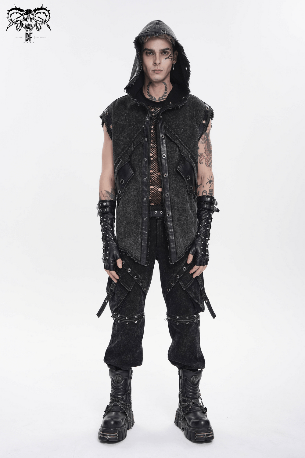 Hooded Punk Denim Vest with Washed Distressed Hem worn by a model showcasing edgy street style.